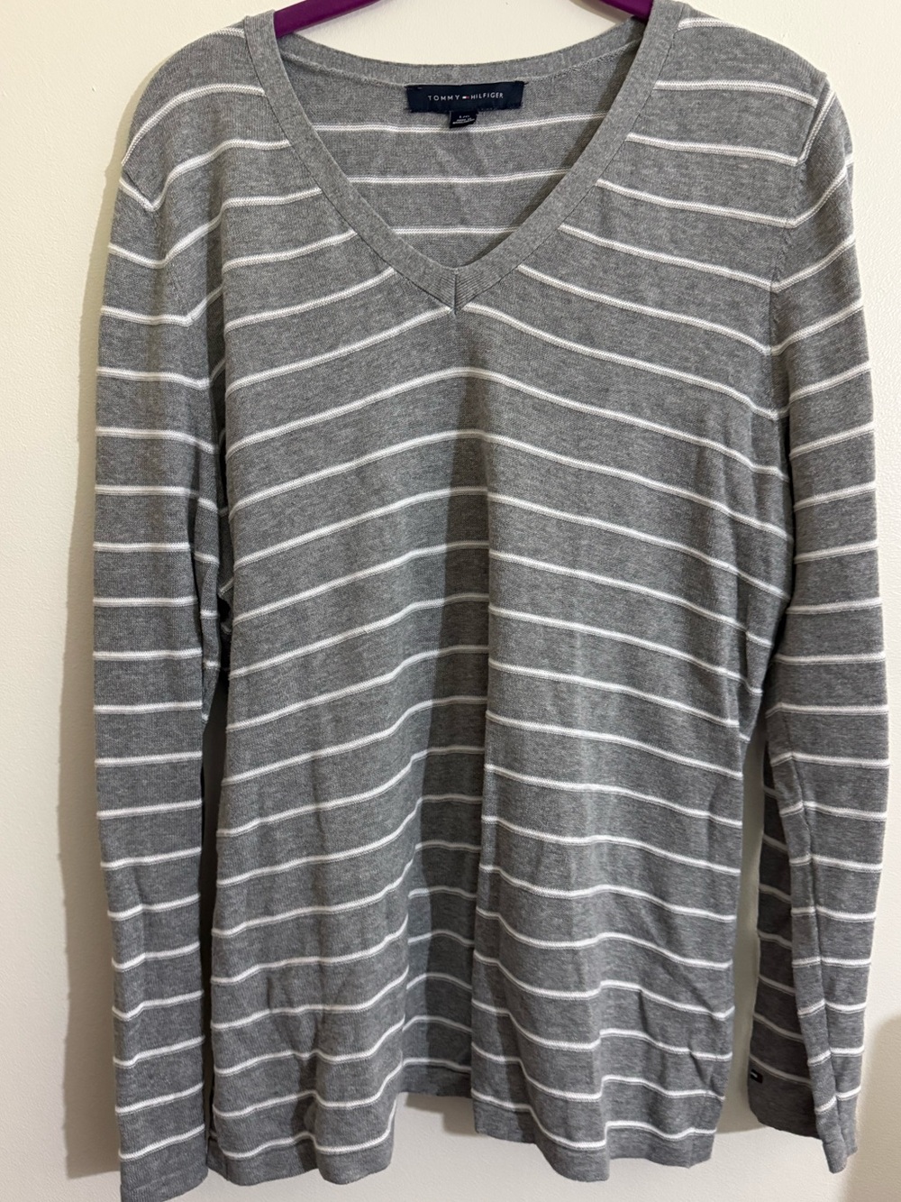 Tommy Hilfiger Women’s Gray and White Striped V-Neck Sweater